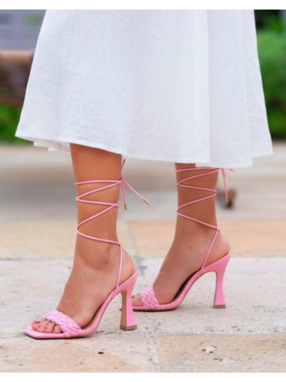 Pink Braided Lace-Up Heels With Square Toe & Stiletto Heel - Womens Sandals